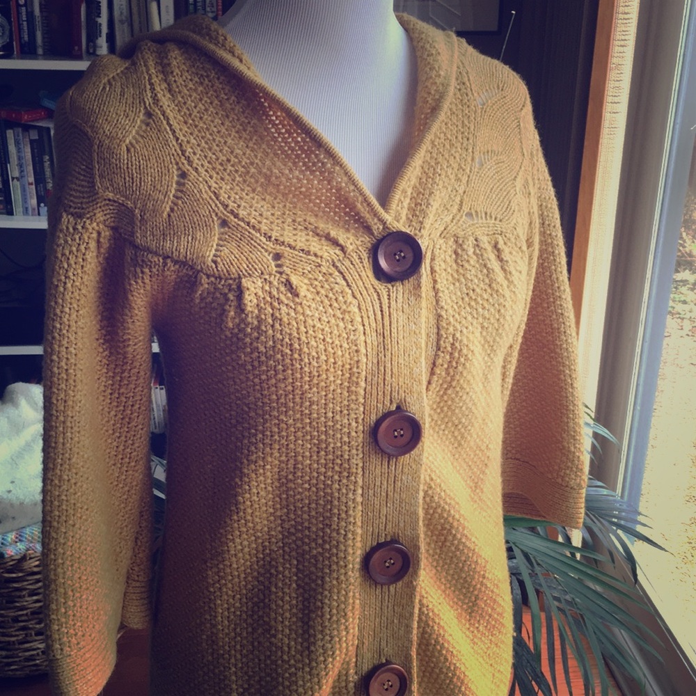 Anthropologie mustard high low sweater with hood.